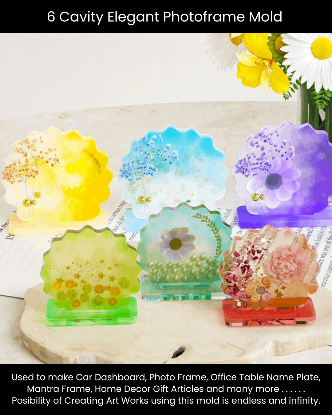 Set of six colorful photo frame moulds on a wooden surface with flowers