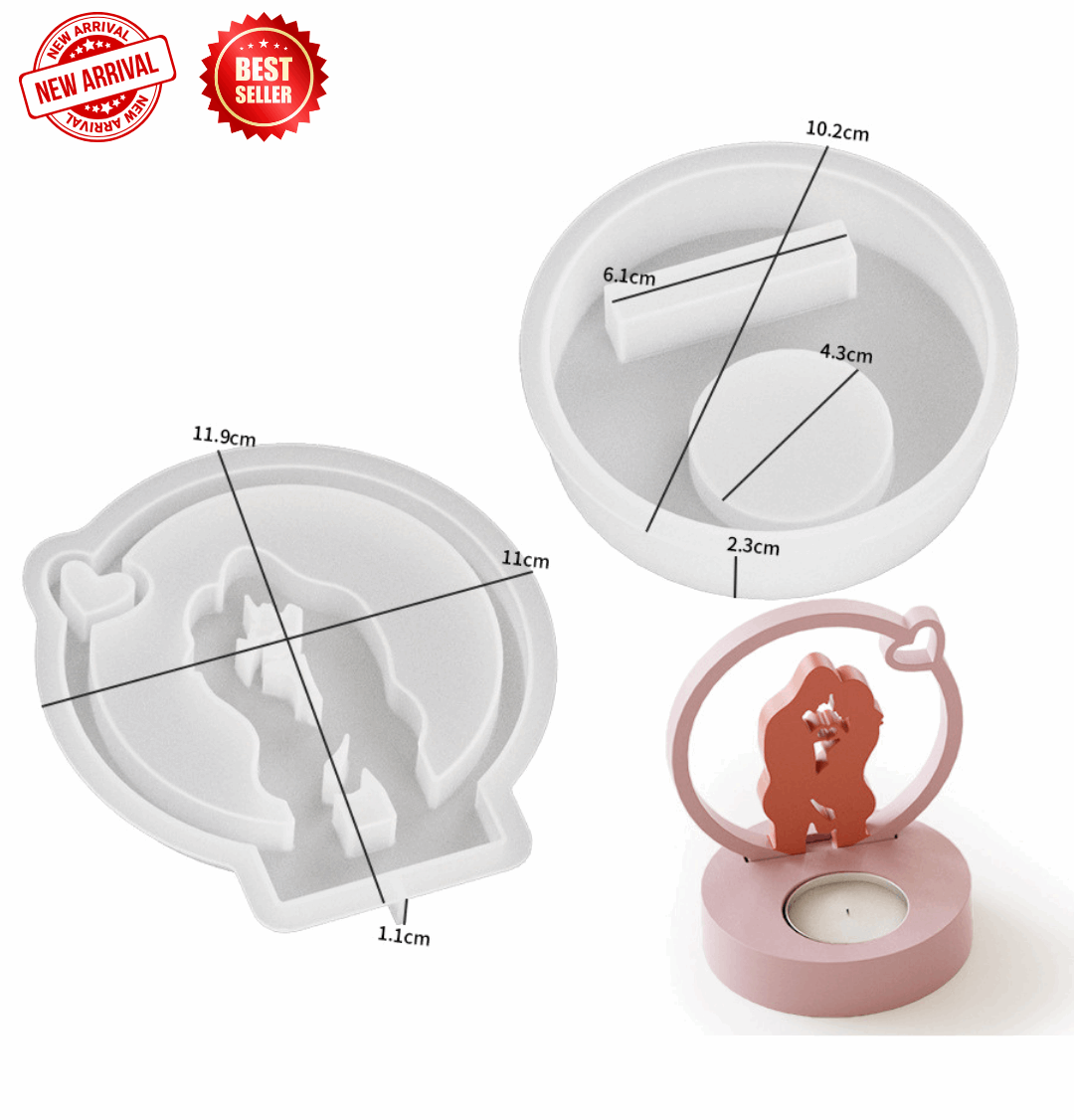 Silicone mold with bear design and dimensions, accompanied by a pink candle holder with a bear figure.
